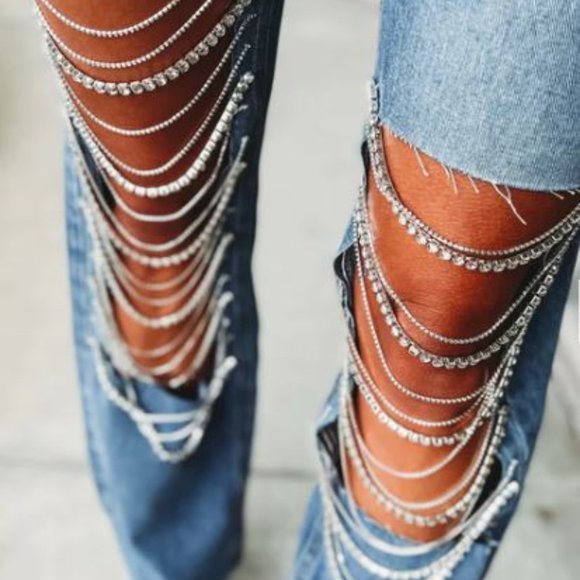 Open Panel High Rise Distressed Rhinestone Jeans - Picture 3 of 5